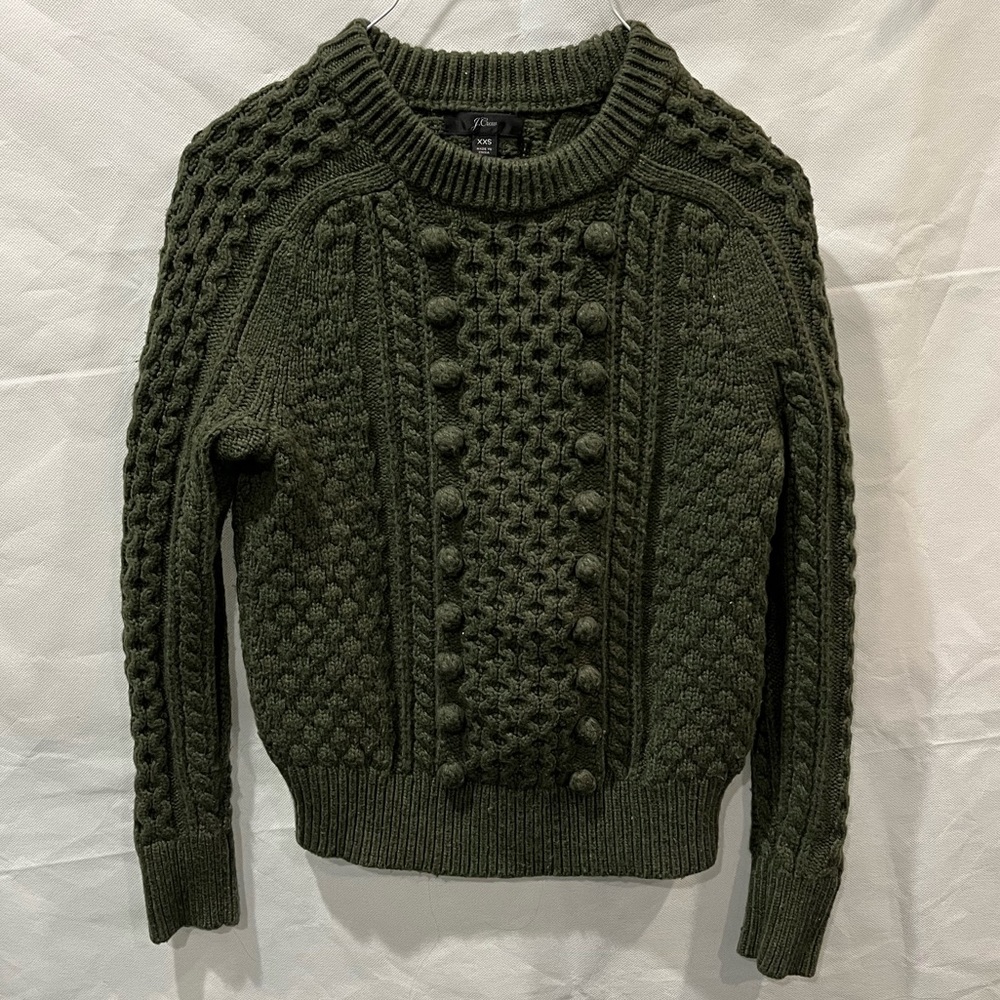 EUC J.Crew Cable Knit Pom Pom Wool Sweater Forrest Green XXS
